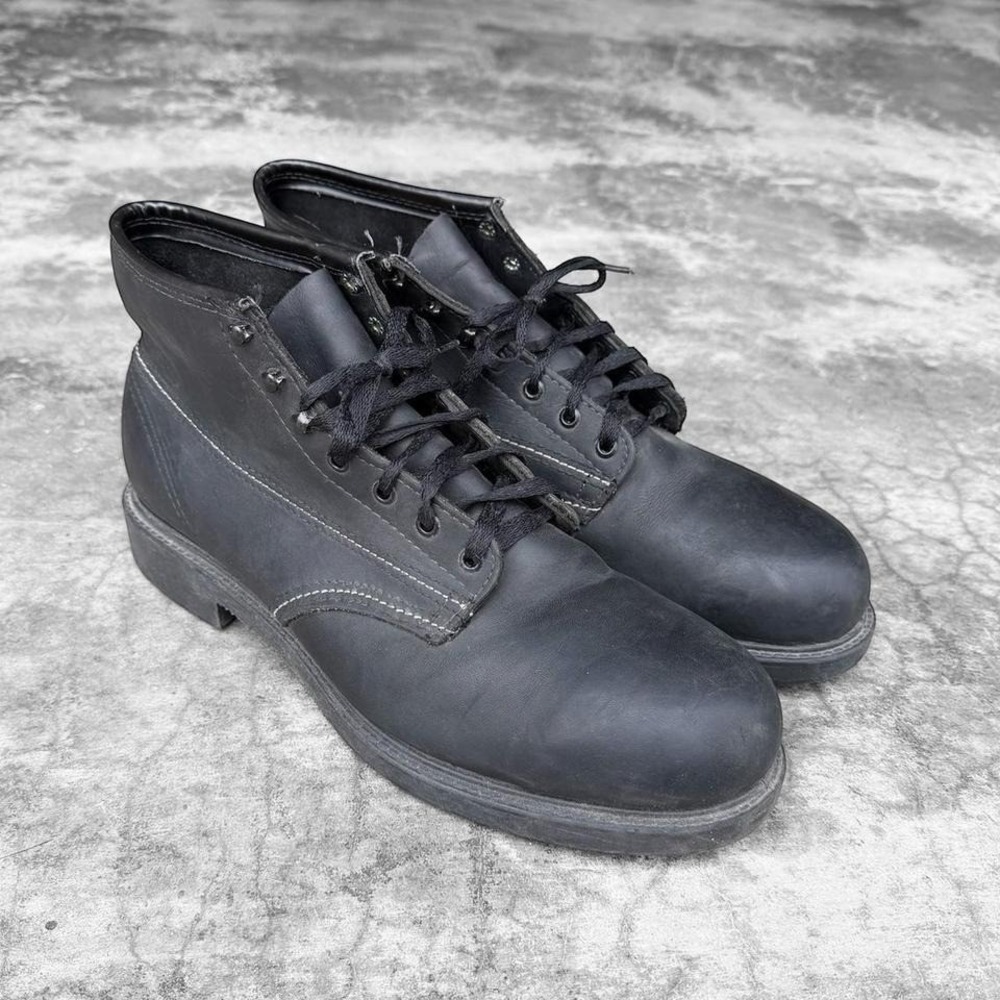Vintage black leather mid top ankle lace up steel toe combat work boots 13
